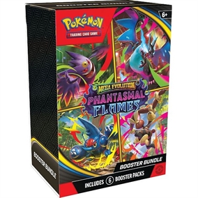 Pokémon TCG Mega Evolution – Phantasmal Flames Bundle med booster‑packs, promo‑kort, mønt og kodekort
